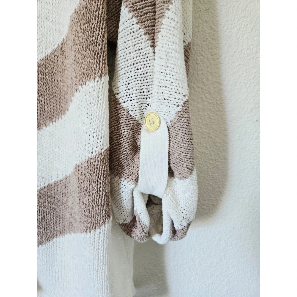 Chico's 2 Womens Chevron Stripe V-Neck Roll-Tab Sleeve‎ Sweater White Beachy